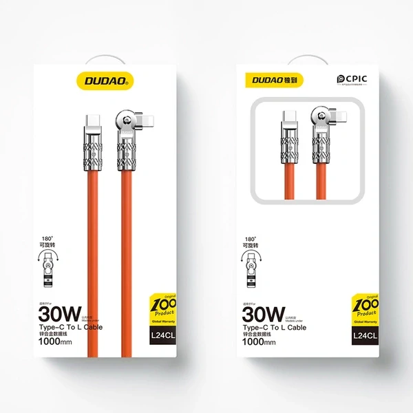 Dudao L24CL USB-C - Lightning zahnutý kábel - 180° rotation 30W 1m - oranžová