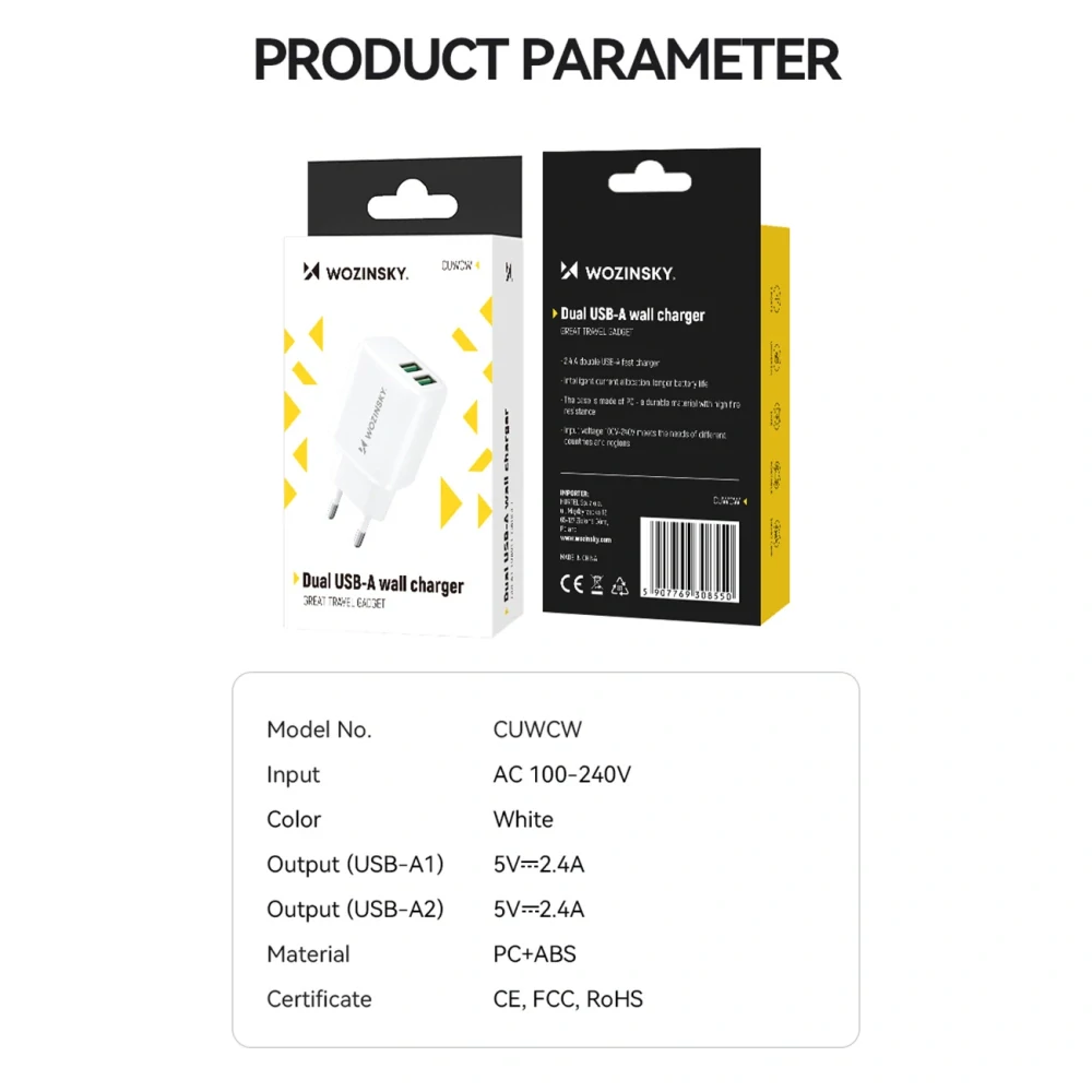 Wozinsky CUWCW 2.4A 2 x USB-A Nabíjaci adapter - biely