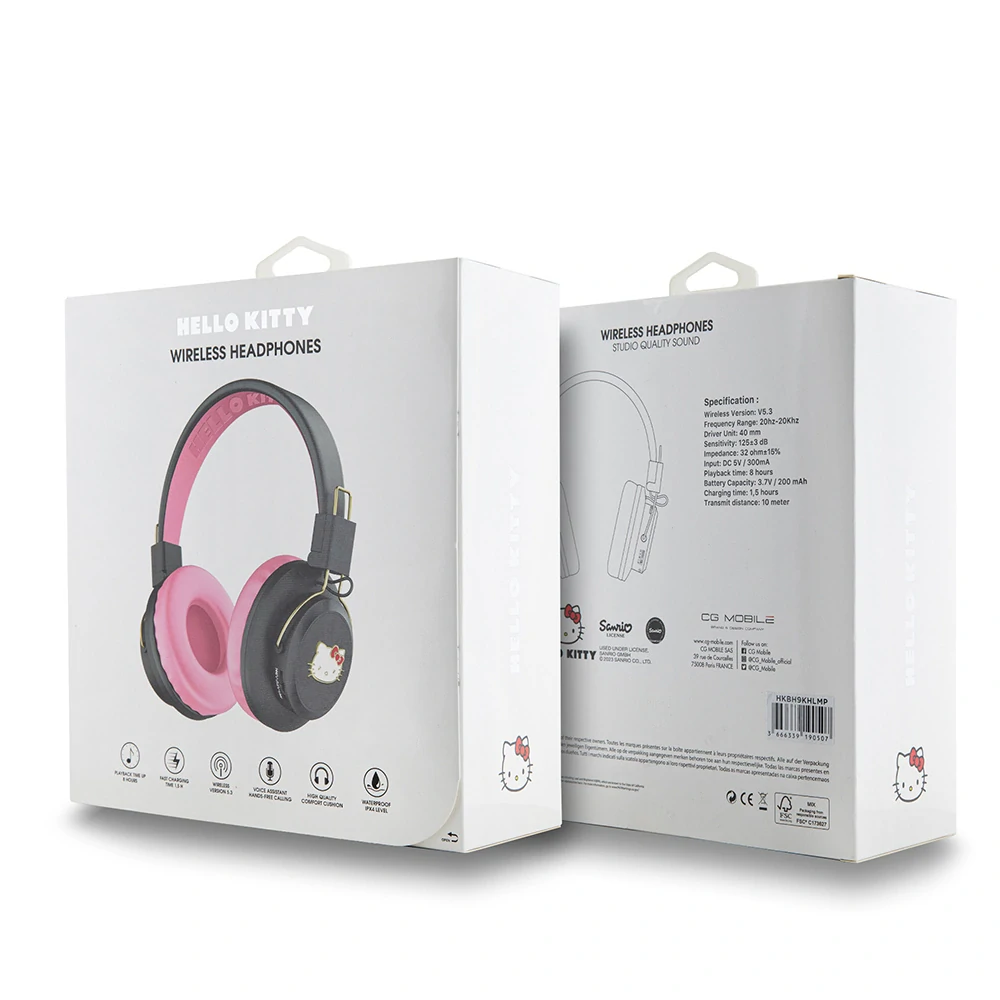 Hello Kitty - Bezdrôtové slúchadlá (HKBH9KHLMP) - On-ear, Bluetooth V5.3, 200mAh, IPX4, Type-C - Ružové