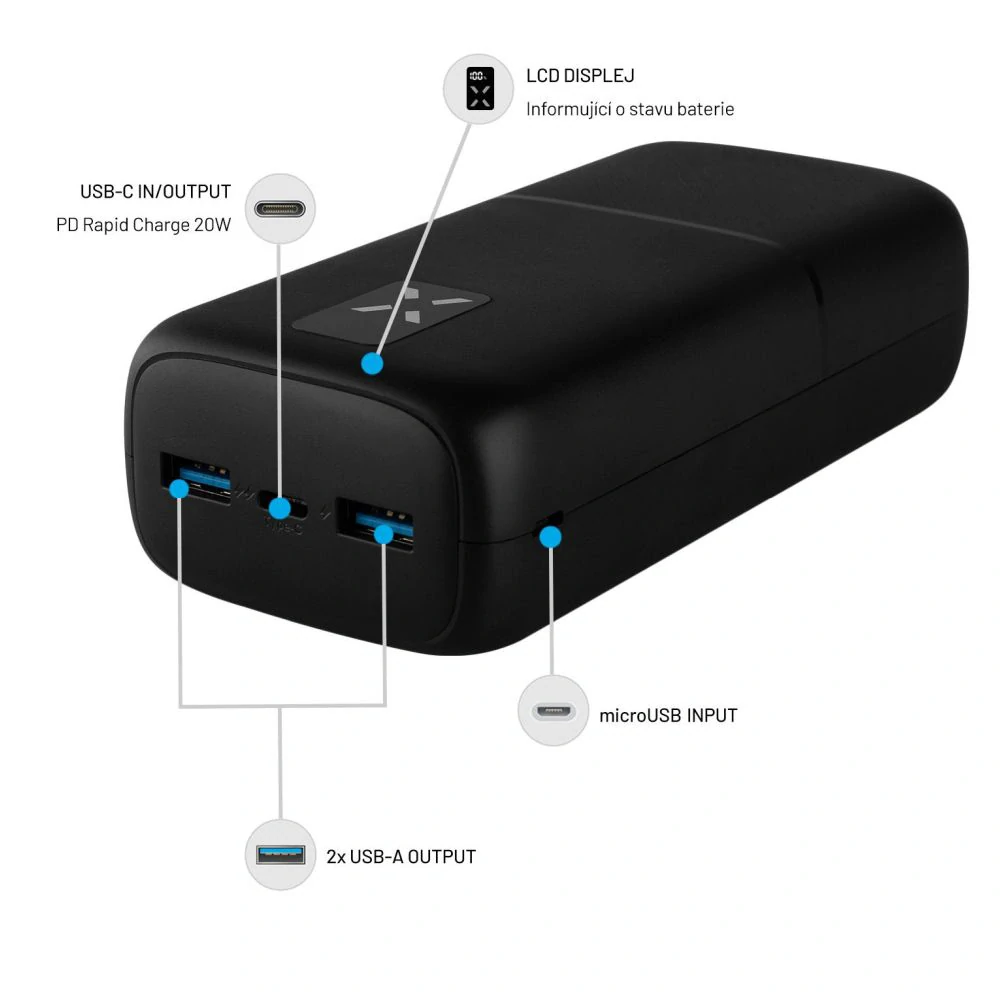 Fixed - Power Banka Zen 30 (FIXZEN-30-BK) - 2x USB, Type-C, 20W, 30000mAh, s LCD Displejom