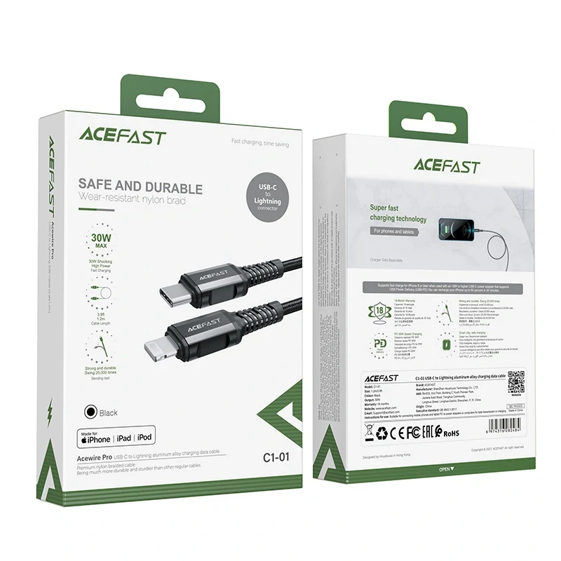 Acefast C1-01 Lightning - USB-C MFi PD kábel 30W 3A 480Mb/s 1.2m