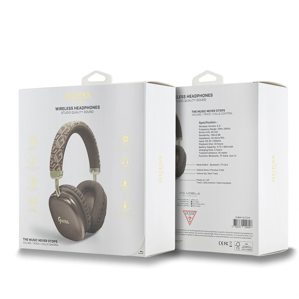 Guess - Bezdrôtové slúchadlá GCUBE Metallic Script Logo (GUBHK1GCTCSW) - Over-ear Headset, Bluetooth 5.3, 400mAh - Hnedá