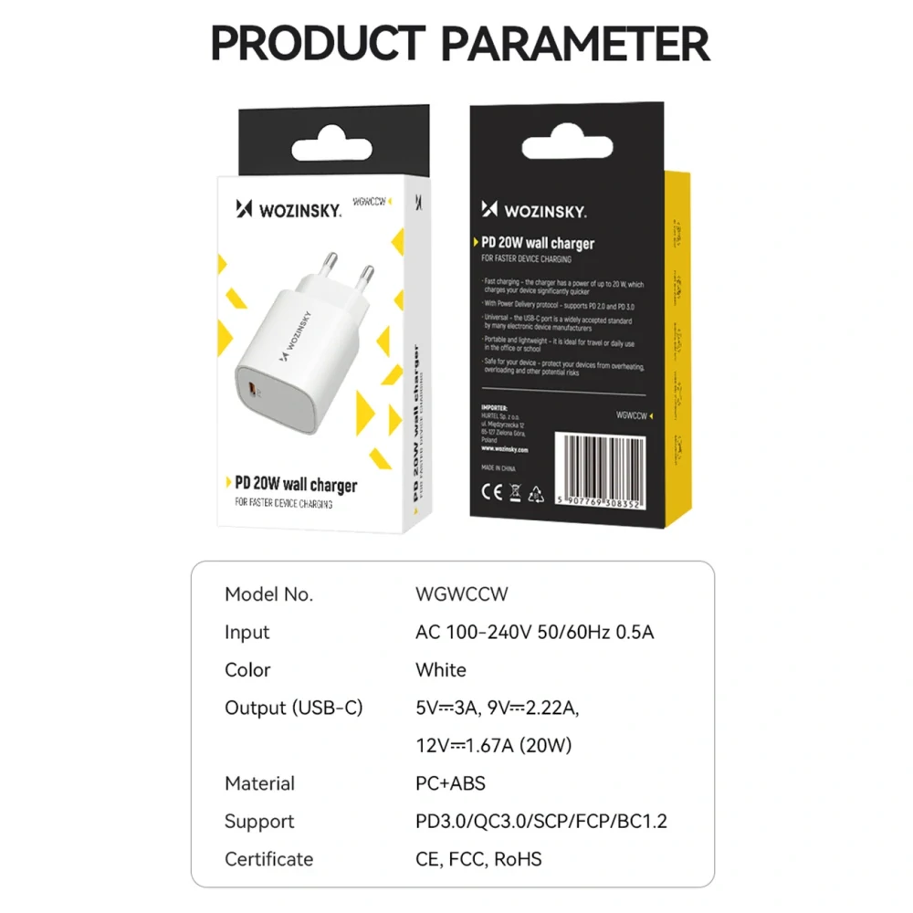 Wozinsky WGWCCW 20W USB-C Nabíjací adaptér - biely