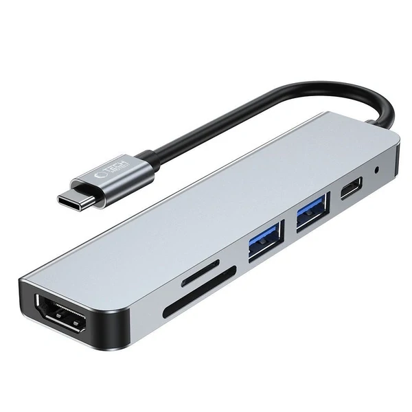 HUB Tech-Protect V4 6v1 USB-C - USB-A 3.0 / USB-A 2.0 / USB-C / HDMI / micro SD / TF / SD čítačka kariet - šedá