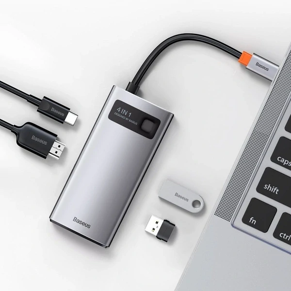 Baseus Metal Gleam 4in1 multifunknčný HUB USB Type C - USB Type C Power Delivery 100 W / HDMI 4K 30 Hz / 1x USB 3.2 Gen 1 / 1x USB 2.0 (CAHUB-CY0G)