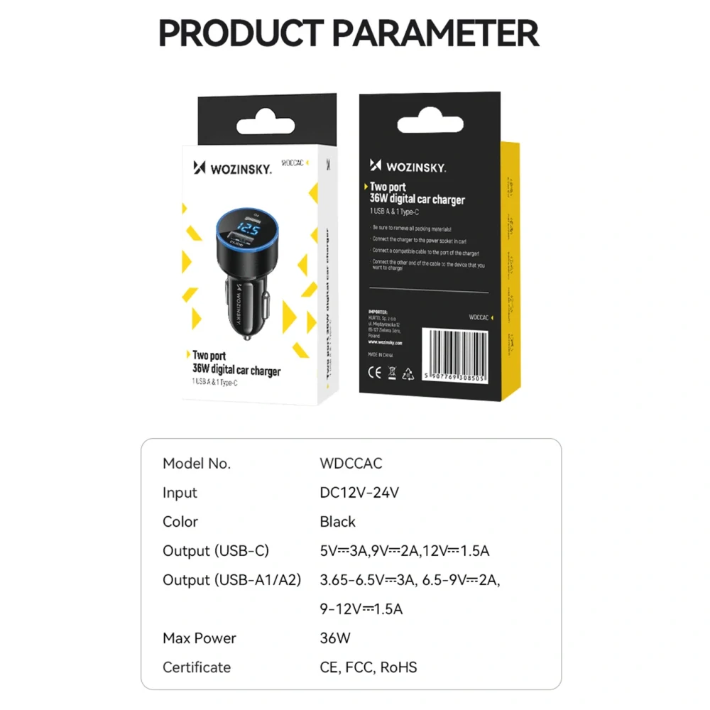 Wozinsky WDCCAC USB-C USB-A 36W Nabíjačka do Auta