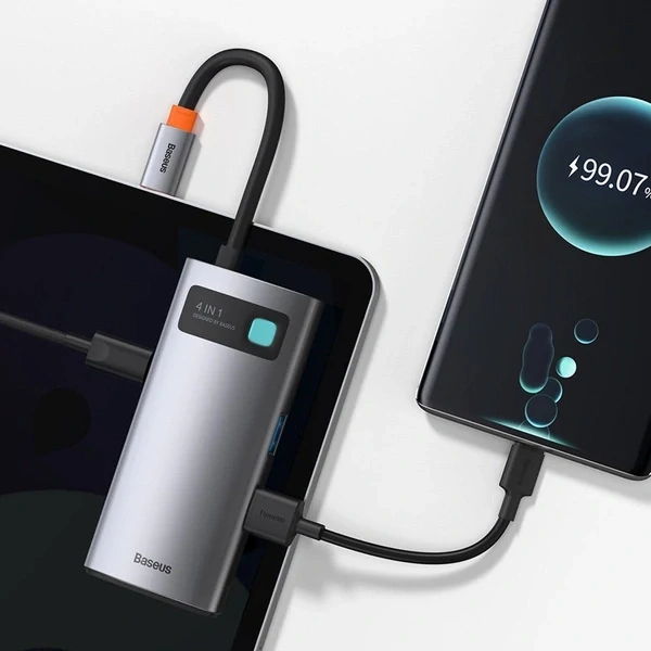 Baseus Metal Gleam 4in1 multifunknčný HUB USB Type C - USB Type C Power Delivery 100 W / HDMI 4K 30 Hz / 1x USB 3.2 Gen 1 / 1x USB 2.0 (CAHUB-CY0G)